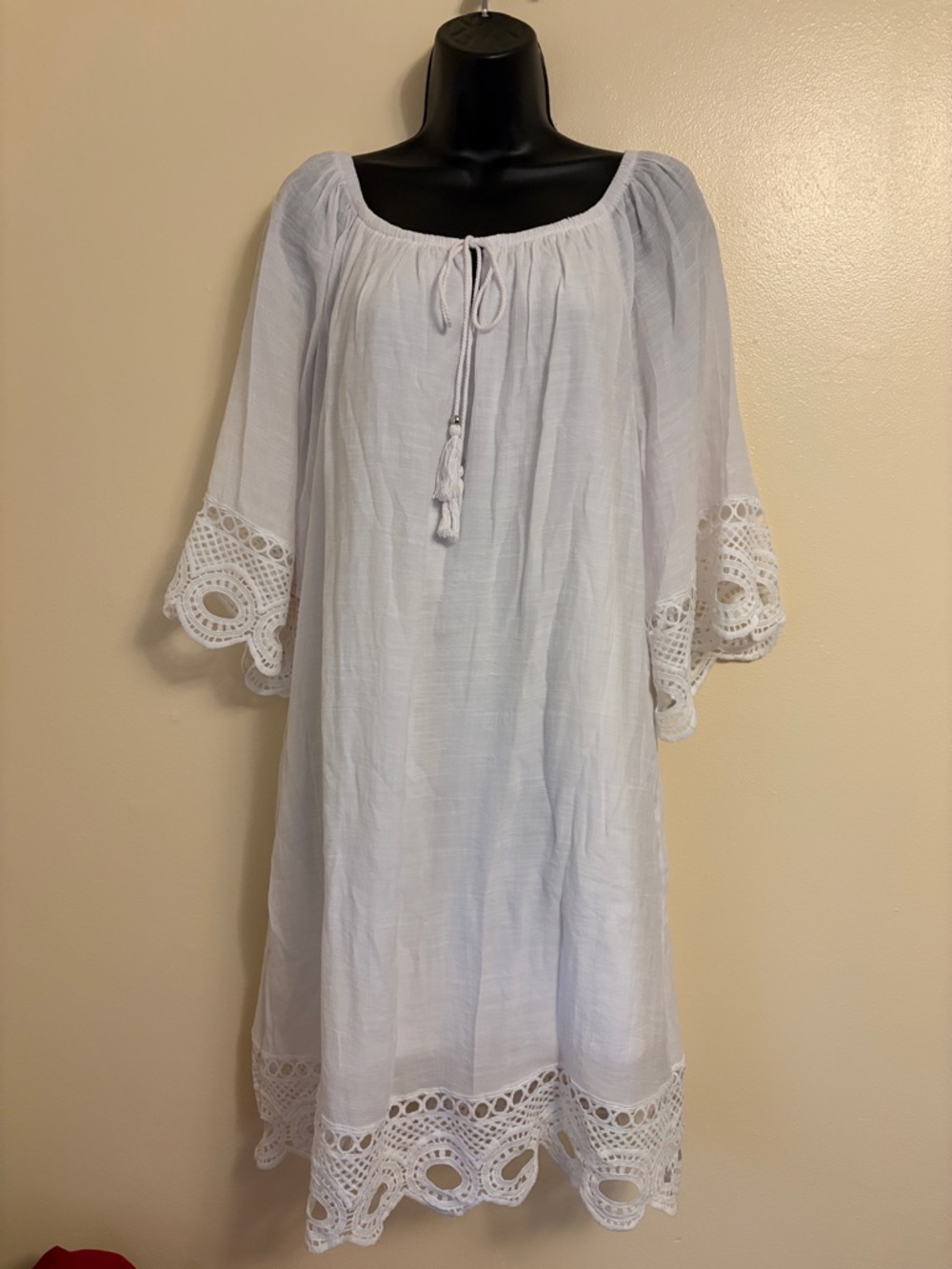 Women's White Midi Peasant Dress with Lace Trim